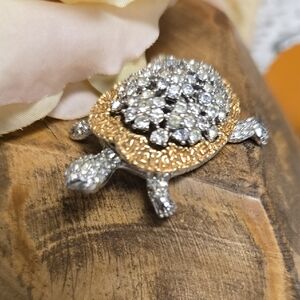 Ciner Rhinestone Turtle Brooch Two Tone Figural,  Signed, Vtg